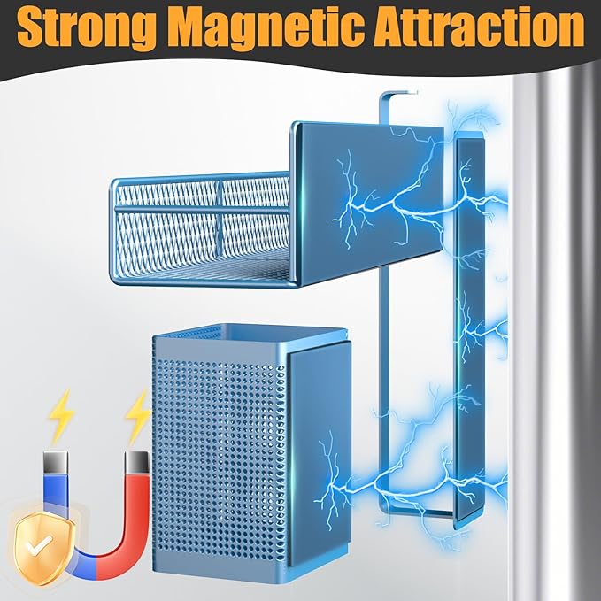 Magnetic Spice Rack for Refrigerator, 6 Pack 100% Metal Strong Magnet Shelf, Space Saving Spice Organizer, Home Kitchen Laundry Room Storage Organization W/ Paper Towel Holder, Utensils Racks ( Blue)