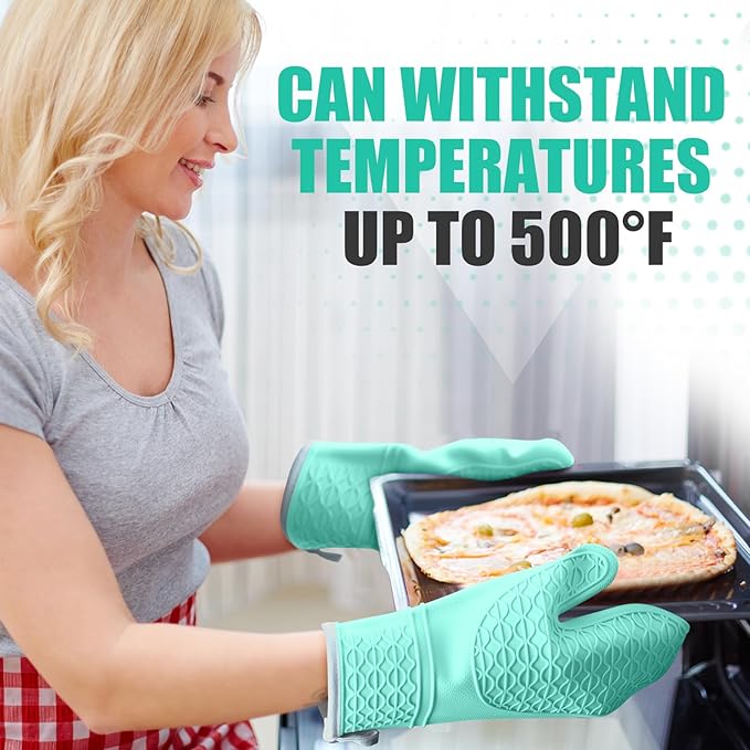 Silicone Oven Mitts, Heat Resistant 2PCS Oven Mitts with Soft Cotton Lining, Waterproof Non-Slip Grip Oven Glove, Kitchen Potholder Mits for BBQ, Baking, Cooking, 12.5 Inch - Green