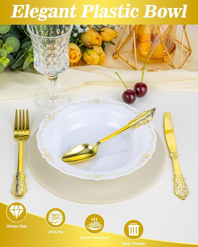 50 Pack White Plastic Bowls with Gold Rim, 12oz Disposable Soup Bowl, Heavy Duty Dinner Bowls for Party, Weddings, Dinners, Catering and Everyday Use