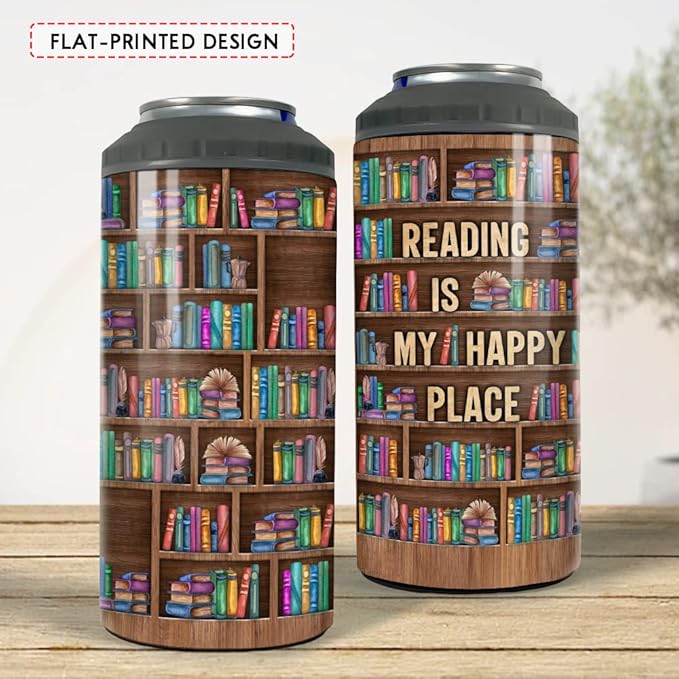 SANDJEST Book Lovers Tumbler Bookshelf 4 in 1 12oz Tumbler Can Cooler Coozie Skinny Stainless Steel Tumbler Gift for Librarian Book Lover Women Readers Bookworm Christmas Holiday Birthday