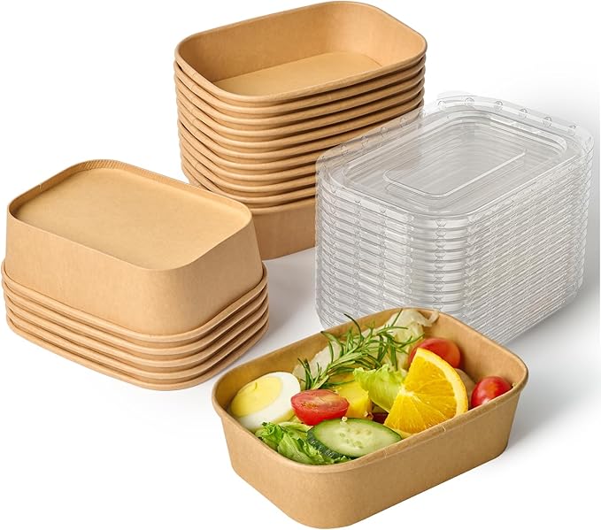 JOLLY CHEF 50 Pack Paper Food Containers with Lids, 19 oz Disposable Meal Prep Containers, Rectangular Paper Bowls with Lids for Thanksgiving, Christmas, Parties