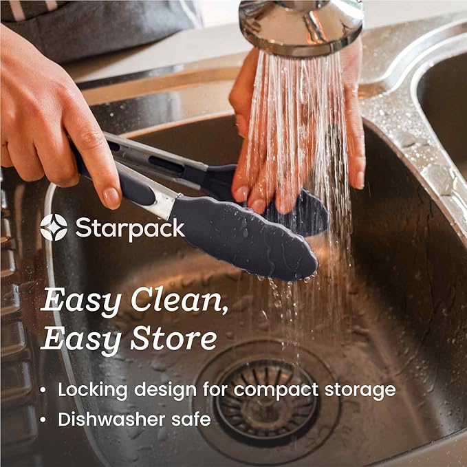 StarPack Premium Silicone Kitchen Tongs 12-Inch - Stainless Steel with Non-Stick Silicone Tips, High Heat Resistant to 600°F, For Cooking, Serving, Grill, BBQ & Salad (Gray Black)