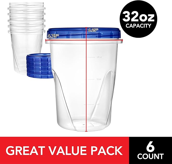 Stock Your Home 32oz Plastic Containers with Twist Top Lids (6 Pack), Quart Freezer Containers with Lids for Leftover Food, Airtight Reusable Soup Containers, Microwave and Dishwasher Safe