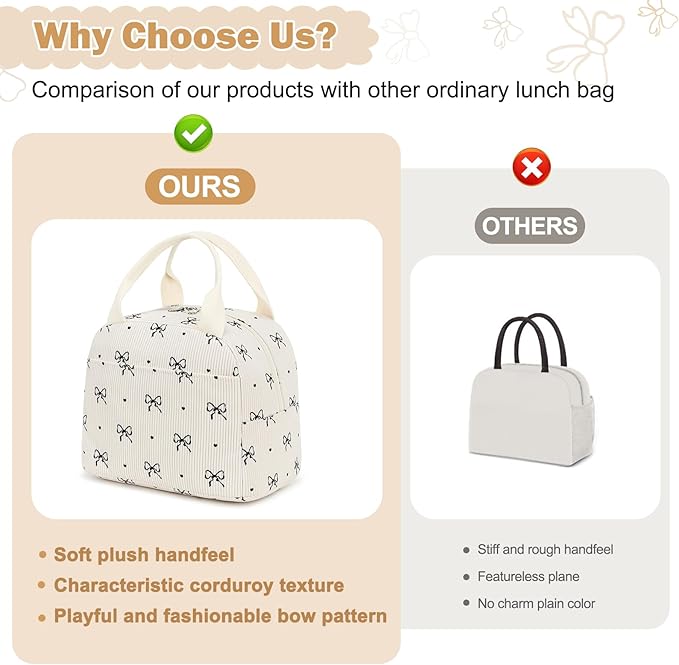 EurCross Cute Bow Tie Lunch Bag for Girls, Ivory Corduroy Insulated Lunch Bag for Two-Meal Space Perfect for School Days, Commuting, fits Bento Boxes, Round Containers, Designer Lunchboxes