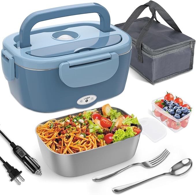 Monteka Electric Lunch Box Food Heater - Leakproof Portable Food Warmer heated lunch box for adults for Car/Home/Truck with 1.5L Removable Stainless Steel Container, 12V/24V/110V, Blue