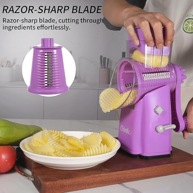 Rotary Cheese Grater Shredder - Upgraded 5 in 1 Cheese Grater with Handle and Strong Suction Base, Multi-purpose Julienne Slicer Ice Shaver Nuts Grinder for Ice, Vegetables, Fruit, Nuts