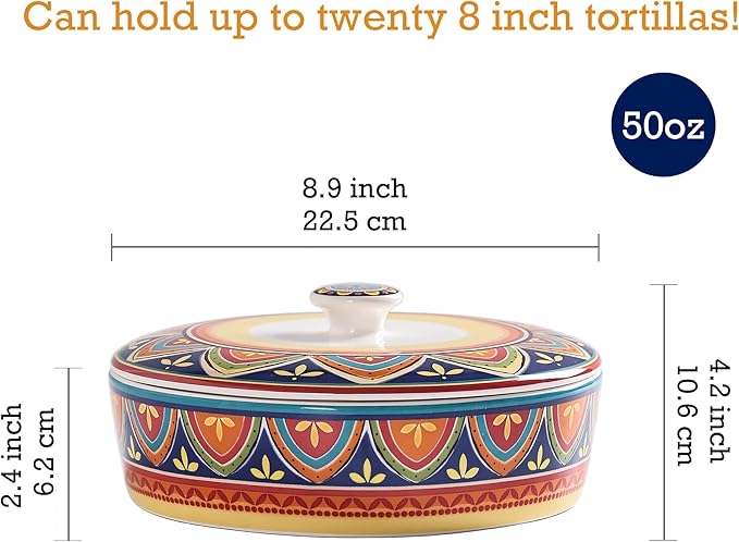 Bico Tunisian Ceramic Tortilla Warmer, 8.9 Inch Tortilla Holder with Lid for Taco Bread Pancake for Mexican Night and Party, Microwave and Dishwasher Safe
