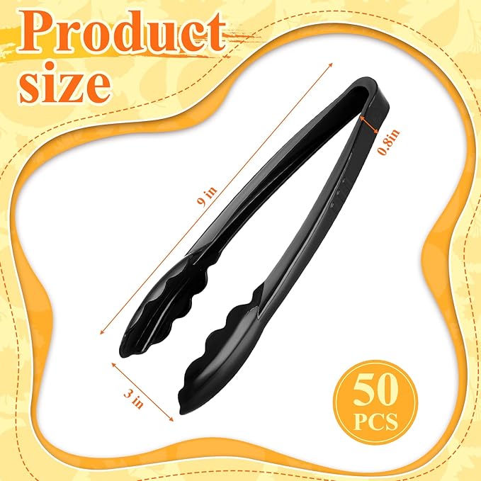 Tessco 50 Pcs Plastic Tongs for Serving Bulk, 9 Inch Plastic Disposable Serving Tongs Heavy Duty Salad Utensils for Kitchen Buffets BBQ Events Catering (Black)