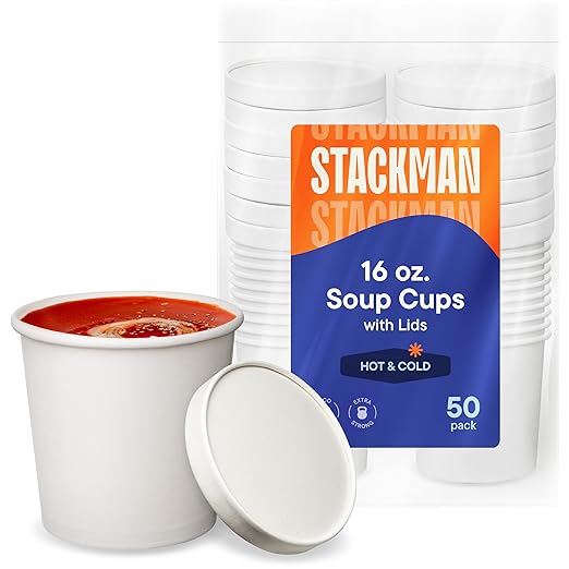 Stack Man [16 oz. - 50 Sets] Paper Food Container with Lid, Insulated Food Cups with Vented Lids - Hot or Cold To Go Soup Cup, for Soups, Ice Cream and Yogurt - Eco-Friendly - White