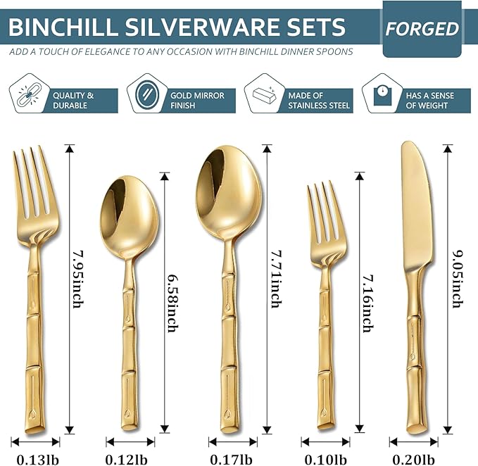 Gold 20-Piece Silverware Set, Bamboo Pattern Stainless Steel Flatware Set, Cutlery Set Mirror Polished, Dishwasher Safe, Service for 4