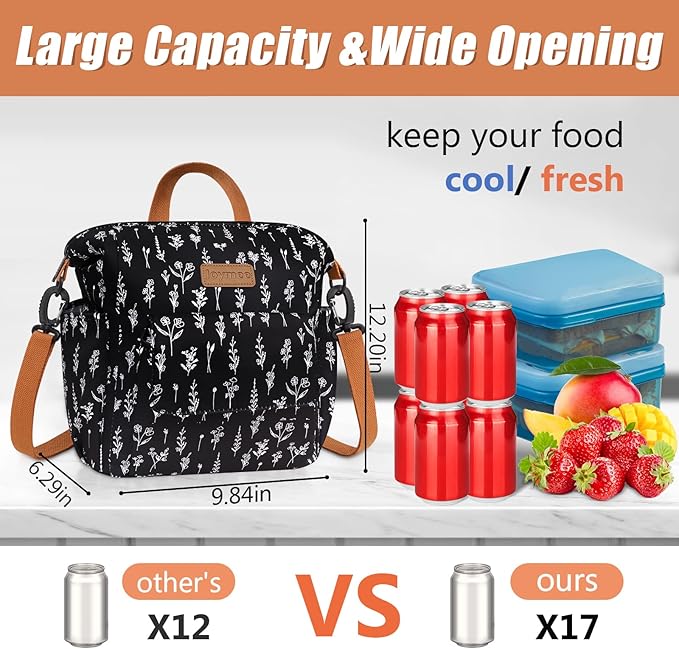 Joymee Lunch Bag Women Insulated Lunch Box Reusable Leakproof Large Spacious Cooler Tote for Women Men Adult with Bottle Holder and Side Pockets for Work Office Travel Picnic -08 White Little Flower