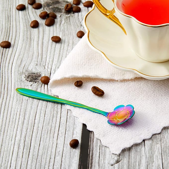 Chengu 8 Pieces Flower Coffee Tea Spoons Stainless Steel Sugar Spoons Tea Party Flower Fancy Tableware Set Stir Bar Creative Stirring Teaspoon, 8 Different Patterns(Rainbow Color)
