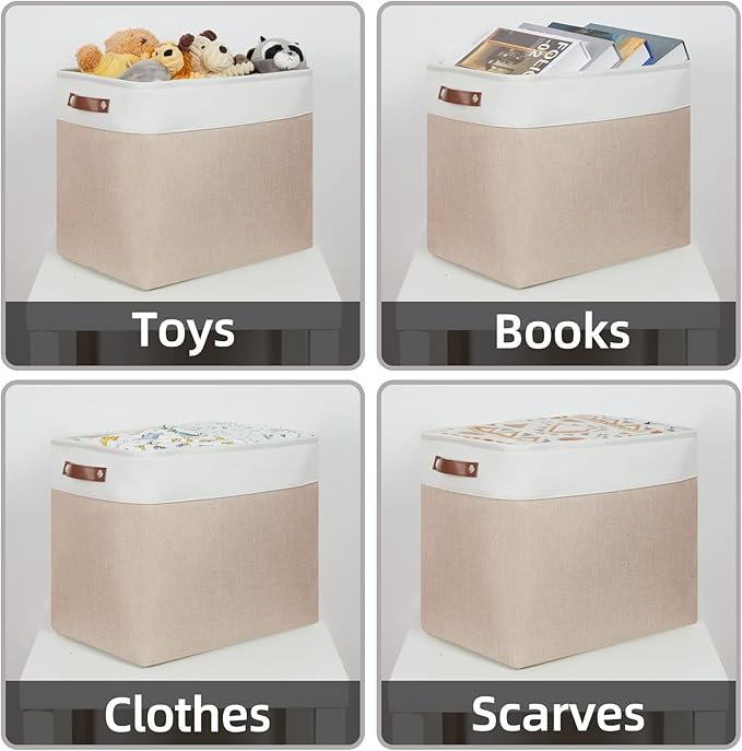 HNZIGE Large Fabric Storage Basket for Shelves, Rectangular Storage Bins Baskets for Storage, Canvas Collapsible Storage Bins with Handles for Organizing Home, Closet(White Beige)