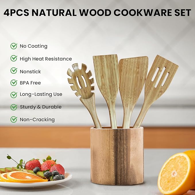 GEEKHOM Bamboo Spatulas for Nonstick Cookware, 13 Inch Wooden Kitchen Utensils, 4 Pack Wooden Spatula for Cooking, Slotted Wok Turners, Flipper for Pancake, Fish, Egg
