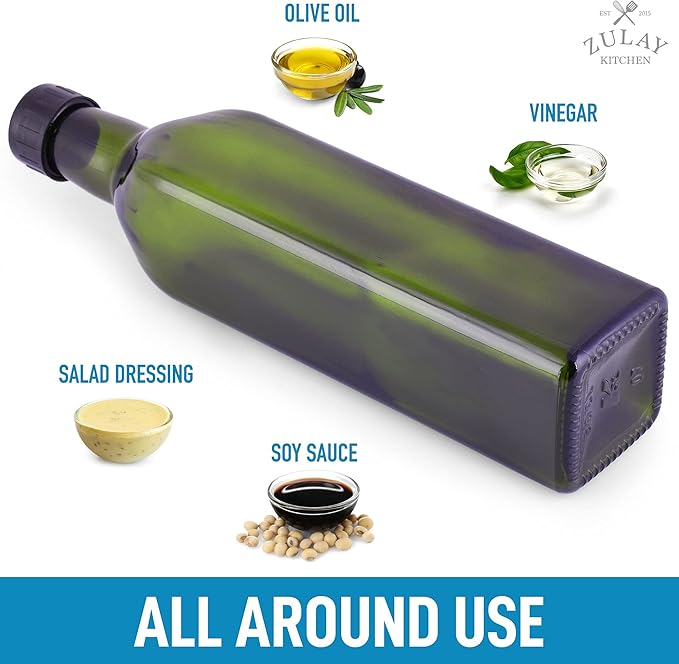 Zulay Kitchen 2-Pack 17oz Olive Oil Dispenser Bottle Set - Glass Bottles with 2 Spouts, 2 Removable Corks, 2 Caps, & 1 Funnel - Oil Bottle for Kitchen & Storing Liquids