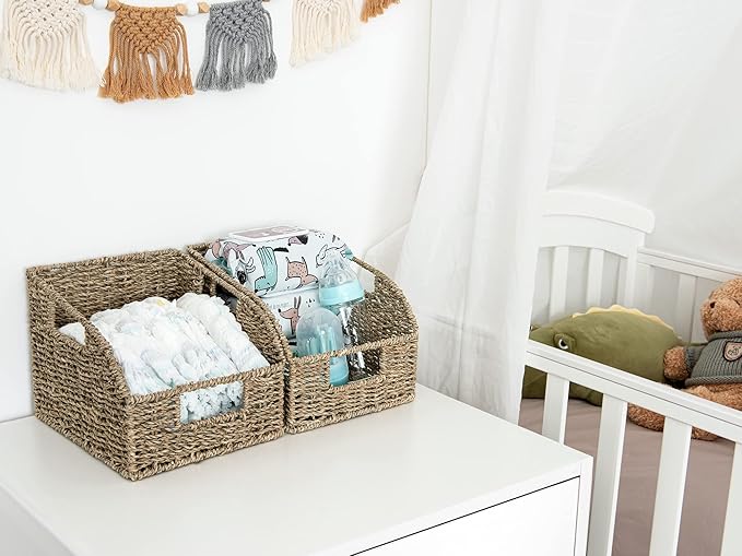 StorageWorks Wicker Baskets for Organizing, Pantry Organizers and Storage, Seagrass Storage Basket for Pantry Shelves, Kitchen Counter, Natural, 2 Pack