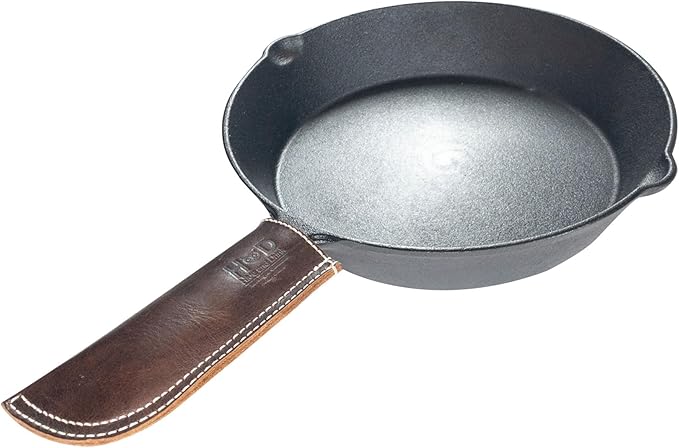 Hide & Drink, Hot Handle, Cast Iron Protector, Panhandle Potholder, Slides On/Off Easily onto Metal Skillet Grips, Full Grain Leather, Handmade (Bourbon Brown White Stitching)