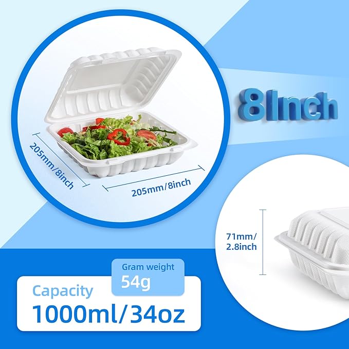 YANGRUI Food Containers 8 Inch 34 oz 55 Pack - Shrink Wrap BPA Free Mineral Filled PP Plastic Container | Reusable Freezer & Microwave Safe Meal Prep Takeout | White Heavy Duty Clamshell Lunch Boxes