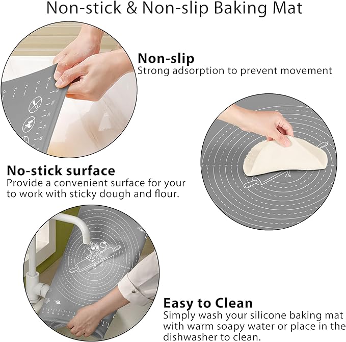 Silicone Pastry Mat 28" x 20" Extra Thick Non Stick Baking Mat with Measurements and Edge Heightening, Food Grade Silicone Rolling Mat for Pastry, Bread, Cookies, Pizza, Fondant, Pasta