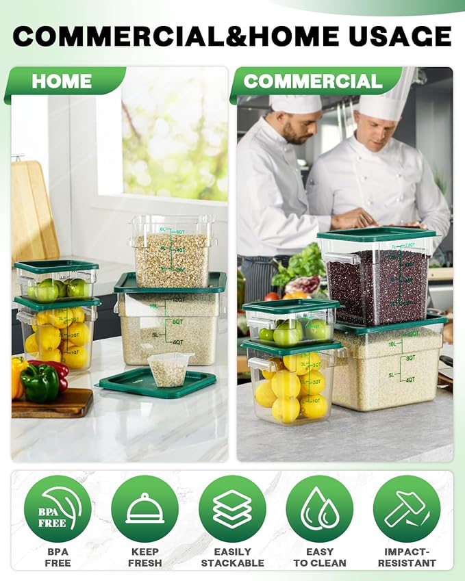 6QT NSF Food Storage Containers: 6PCS [Food Grade][Hot&Cold Resistant] Commercial Clear Food Storage Containers with Lids for Restaurant Kitchen Proof Dough, Measuring Spoons Included(GREEN N1)