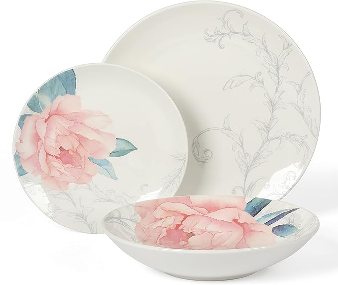 Martha Stewart Peony 12 Piece Porcelain Floral Chip and Scratch Resistant Dinnerware Set