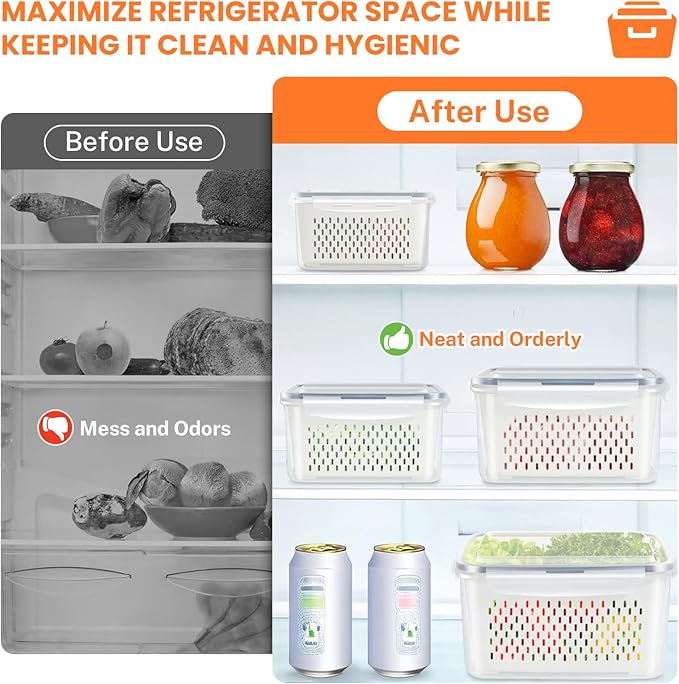 4 PCS Fruit Storage Containers for Fridge with Lids and Strainer, Fruit Containers for Fridge,Plastic Fresh Produce Saver Keeper for Vegetable Fruit Salad, BPA Free Fruit Organizer for Refrigerator