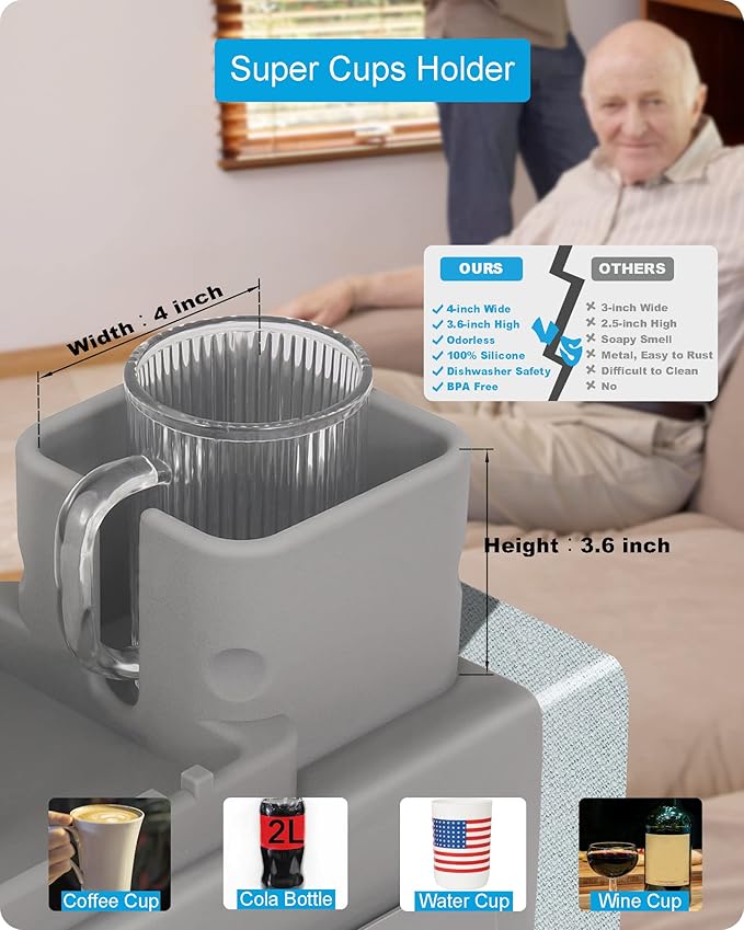 Silicone Couch Cup Holder, VIENFUT Anti-Spill and Anti-Slip Sofa Armrest Tray, Dirt-Resistant Silicone Couch Arm Tray for Remote, Snacks, Cellphone and iPad, Gift for Family, Friend (Gray)