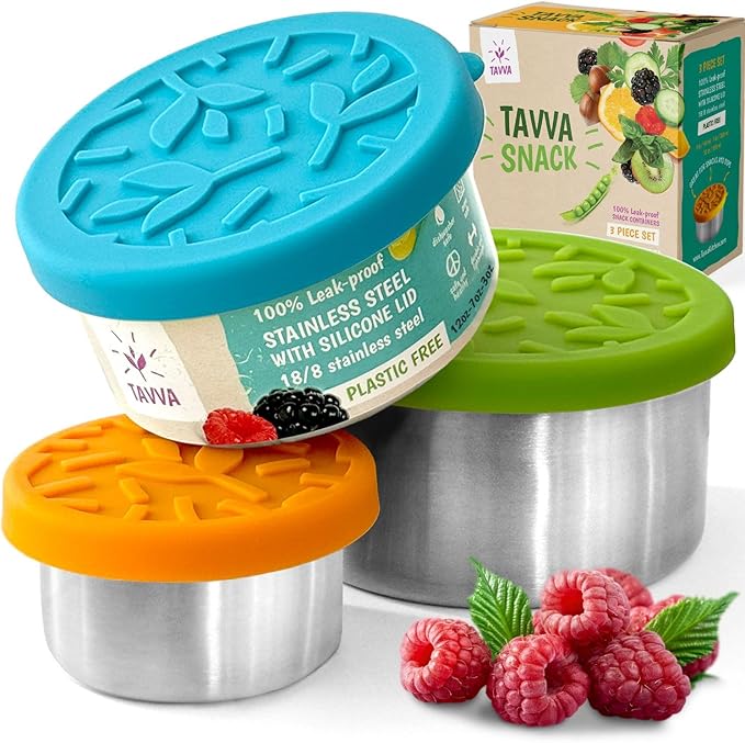 TAVVA Stainless Steel Lunch Containers for Kids [12oz/ 7oz/ 3oz] - BPA-Free Metal Lunchbox with Leakproof Silicone Lids - Lunch Box for Kids - Small Snack Food Containers with Lids - Dishwasher Safe