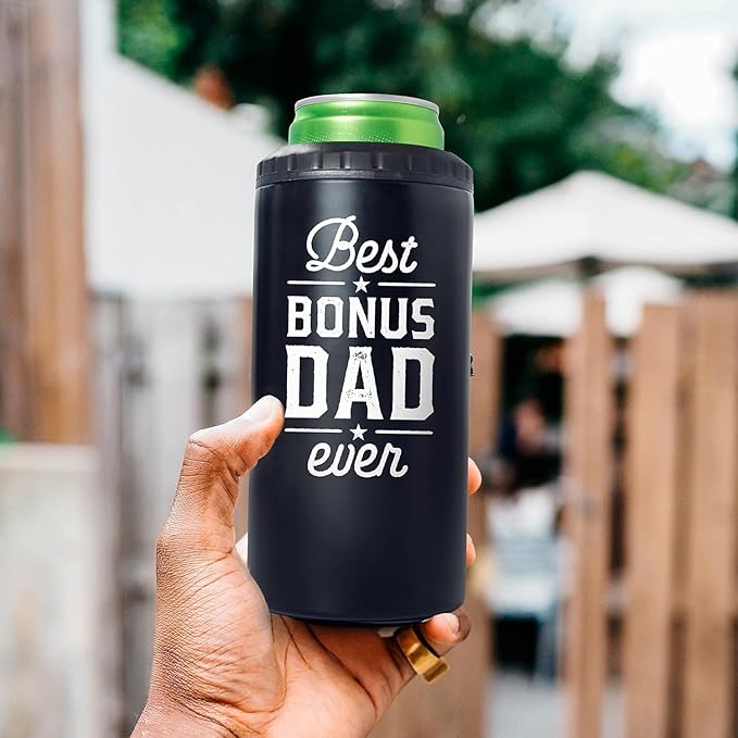 SANDJEST Bonus Dad Tumbler Gifts from Step Daughter Son - 12oz 4 in 1 Design Step Father Tumbler Cup Can Cooler - Best Bonus Dad Ever Insulated Cans Coozie Christmas, Birthday, Father's Day Gift