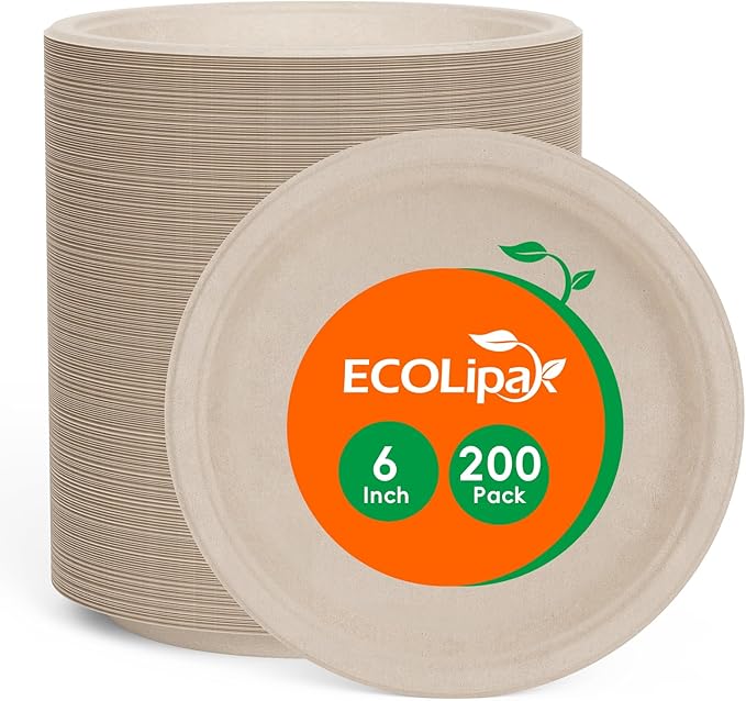 ECOLipak 6 Inch Disposable Compostable Small Paper Plates, 200 Pack Recycled Sugarcane Bagasse Biodegradable Heavy Duty Mini Dinner Appetizer Cake Dessert Plates for Party(Nature)