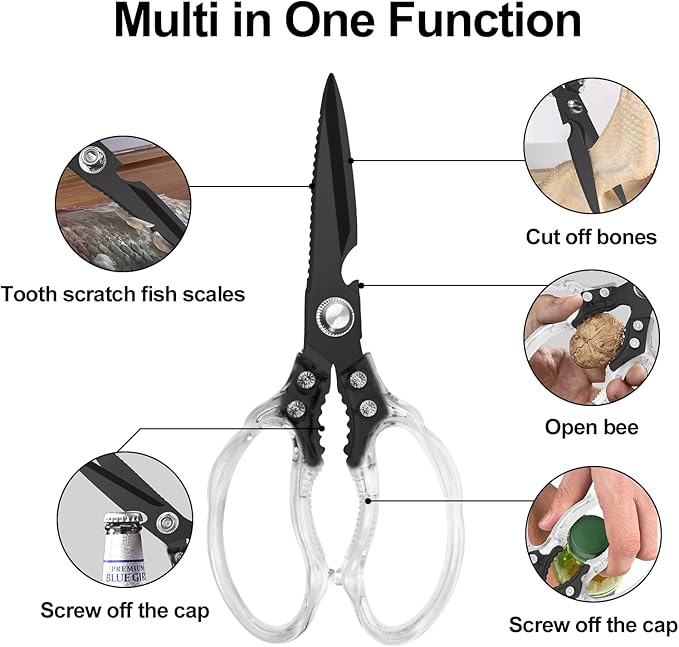 CGBE Kitchen Scissors, Multi-Purpose Kitchen Shears, Heavy Duty Dishwasher Safe Food Scissors for Chicken, Poultry, Fish, Meat & Herbs with Non-Slip Grips (Transparent Black)