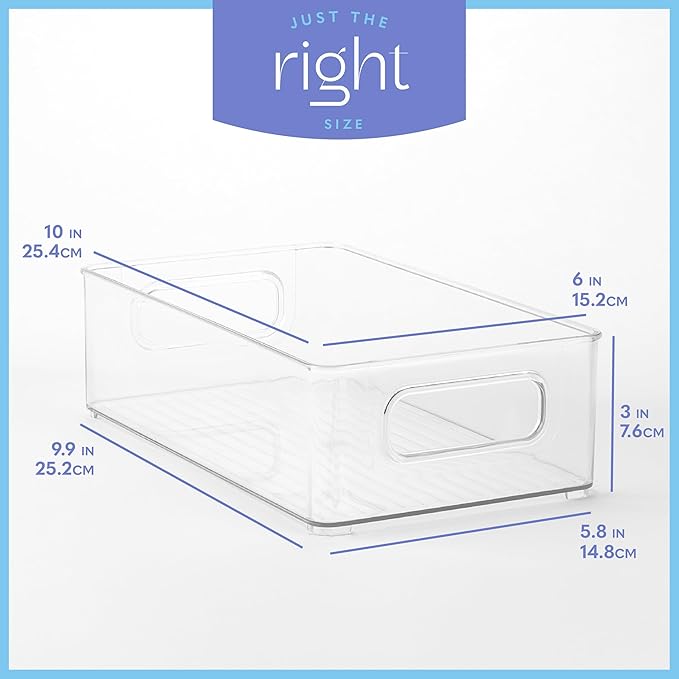 Plastic Food Storage 2 Pack Clear Container Bin with Handles for Organizing Kitchen, Pantry, Refrigerator, Freezer, Pantry, Cabinet, Closet, Bathroom. Stackable 10”x6”x3”