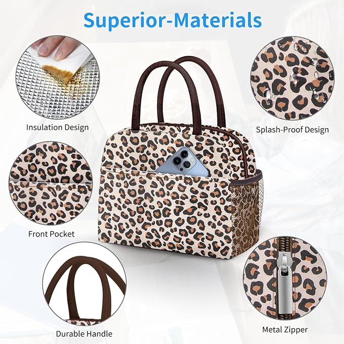 DALINDA Lunch Bag Women,Lunch Box Adult for Women Men Reusable Insulated Lunch Tote Bag,Leakproof Food Handbags Case High Capacity for Travel Work Picnic Beach,Leopard