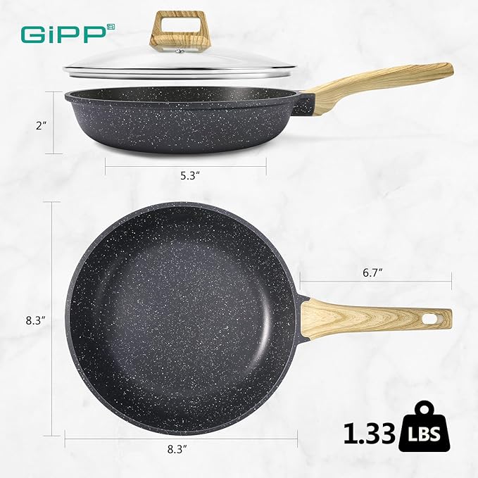 GiPP Nonstick Frying Pan Skillet with Lid - 8" Grey Granite Non Stick Pans, Omelette Pan with Heat-Resistant Handle, Compatible with All Stovetops, PFOA Free
