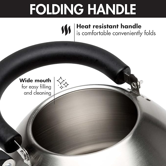 Primula Stewart Whistling Stovetop Tea Kettle Food Grade Stainless Steel, Hot Water Fast to Boil, Cool Touch Folding, 1.5-Quart, Brushed with Black Handle (Pack of 4)