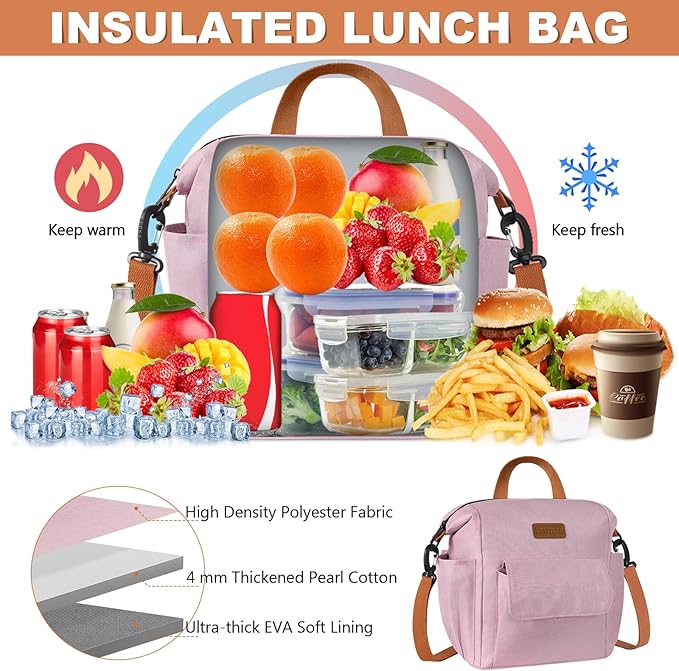 Joymee Lunch Bag Women Insulated Lunch Box Reusable Leakproof Large Spacious Cooler Tote for Women Men Adult with Bottle Holder and Side Pockets for Work Office Travel Picnic -08 Pink