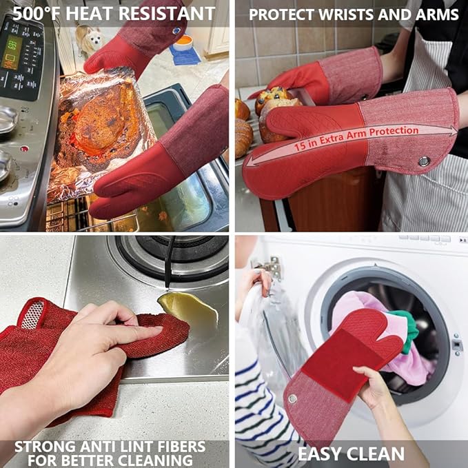 Professional Microwave Silicone Oven Mitts one Pair, Kitchen Mitten Set for Heat Resistant with 500 Degrees, Kitchen Gloves Pot Holder for BBQ Cooking Baking (Red)