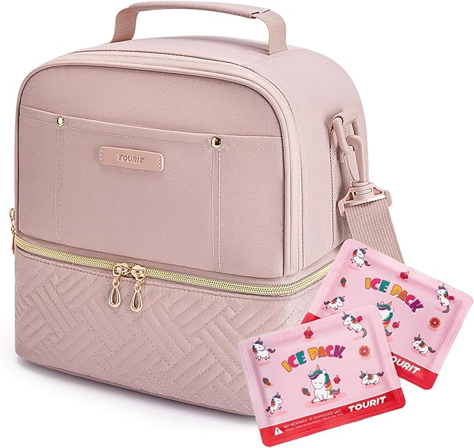 TOURIT Lunch Bag Women Double Deck Lunch Box Insulated Lunch Cooler Pink, with Reusable Long-Lasting Ice Packs, Camping Accessories, 2 Packs Pink Unicorn