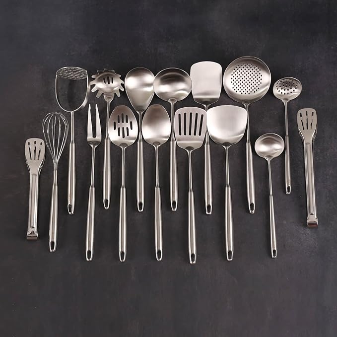 18/10 Stainless Steel Cooking Utensils Set - 16 PCS All Metal Serving Utensils, Kitchen Tools - Whisk, Masher, Fork, Tongs, Solid/Slotted Spoon, Spatula, Turner, Ladle, Skimmer, Pasta, Large Spoon Set