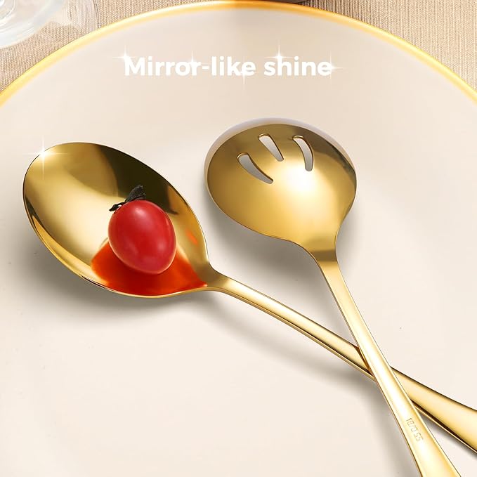 Stainless Steel Serving Spoons Set, 6pc, 10-Inch, Includes 3 Large, 3 Slotted, for Parties/Kitchen/Buffet/Catering, Dishwasher Safe, Gold