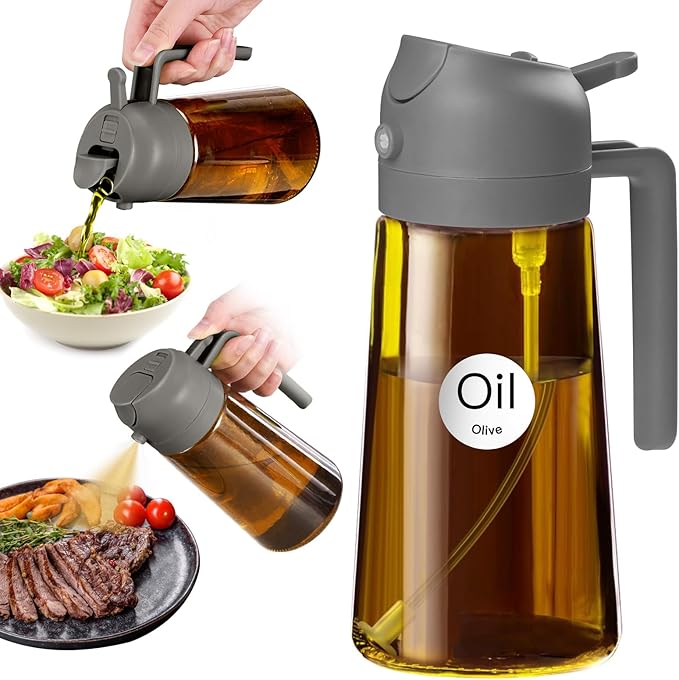 YARRAMATE 16oz/470ml Dark Brown Oil Sprayer for Cooking with Stickers, Food-grade Premium 2 in 1 Olive Oil Dispenser Bottle for Kitchen Gadgets, Air Fryer, Salad, Frying, BBQ (Grey)
