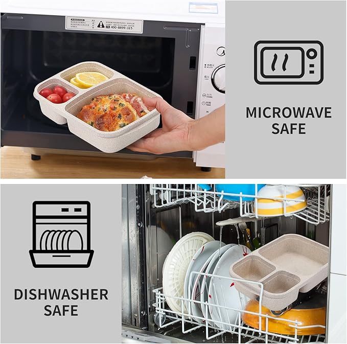 8 Pack Bento Lunch Box Set 3 Compartment Wheat Straw Meal Prep Food Storage Containers Plastic, Microwave and Dishwasher Safe(light colour)