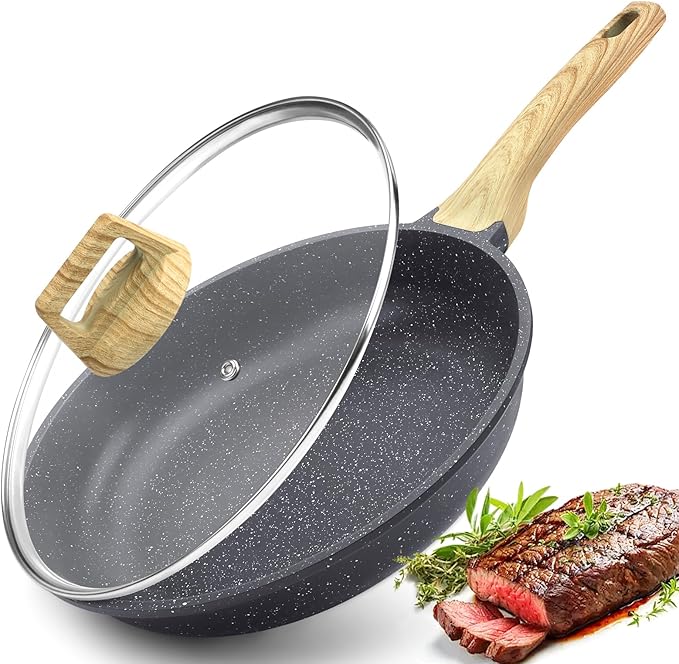 GiPP Nonstick Frying Pan Skillet with Lid - 9.5" Grey Granite Non Stick Pans, Omelette Pan with Heat-Resistant Handle, Compatible with All Stovetops, PFOA Free