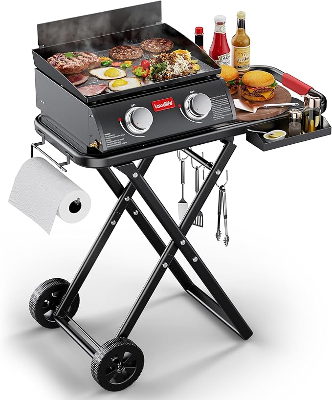 Portable Propane Gas Griddle with Collapsible Stand, Non-Stick Enameled Cast Iron, 342 SQ.IN Cooking Space, 2 Burners Flat Top Griddles for Camping, Tailgating, Outdoor Cooking