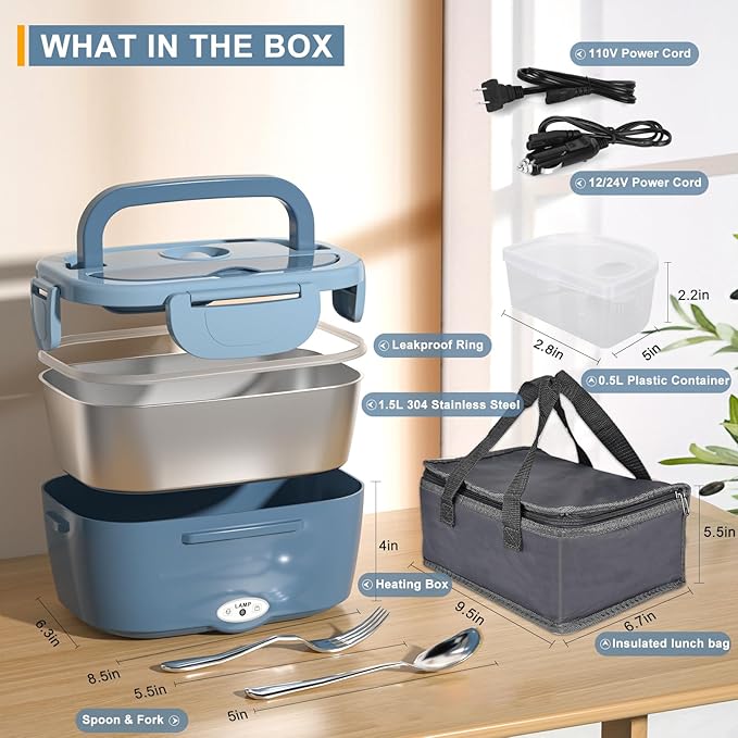 Monteka Electric Lunch Box Food Heater - Leakproof Portable Food Warmer heated lunch box for adults for Car/Home/Truck with 1.5L Removable Stainless Steel Container, 12V/24V/110V, Blue