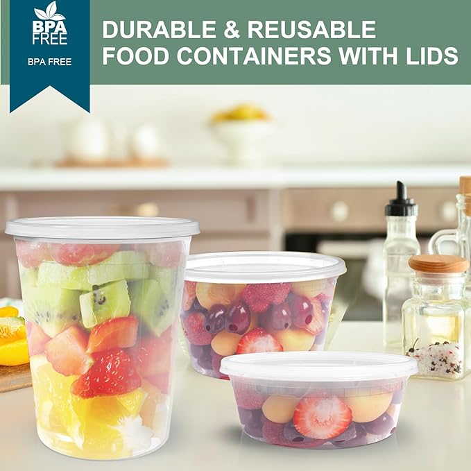Deli Containers with Lids 48 Sets [8,16, 32 oz 16 Each ] - Food Storage Containers with Lids Freezer Safe, Soup Containers for Restaurant, BPA Free | Portion Control | Leakproof | Microwave