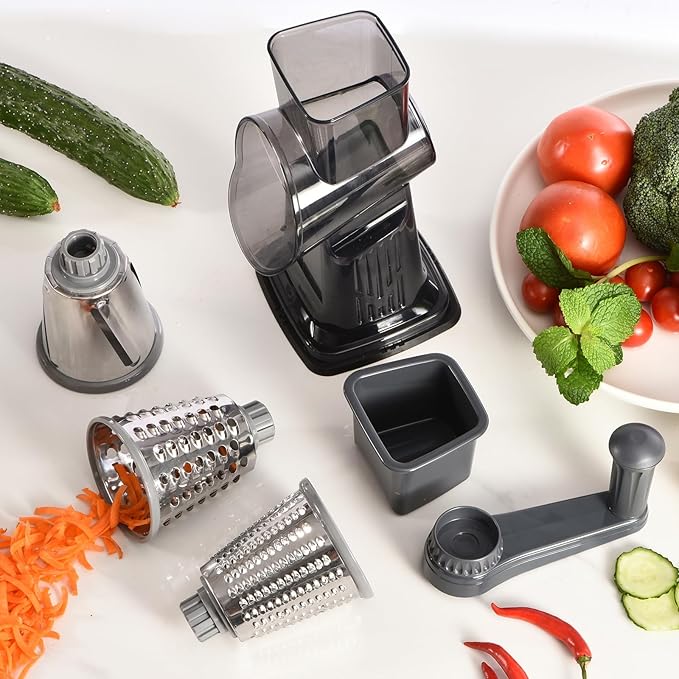 Rotary Cheese Grater with Handle Kitchen Shredder Slicer Grater Slicer Ice Shaver Cheese Vegetable Nuts Potato Zucchini Chocolate 3 Interchangeable Blades (Dark Grey TSP)