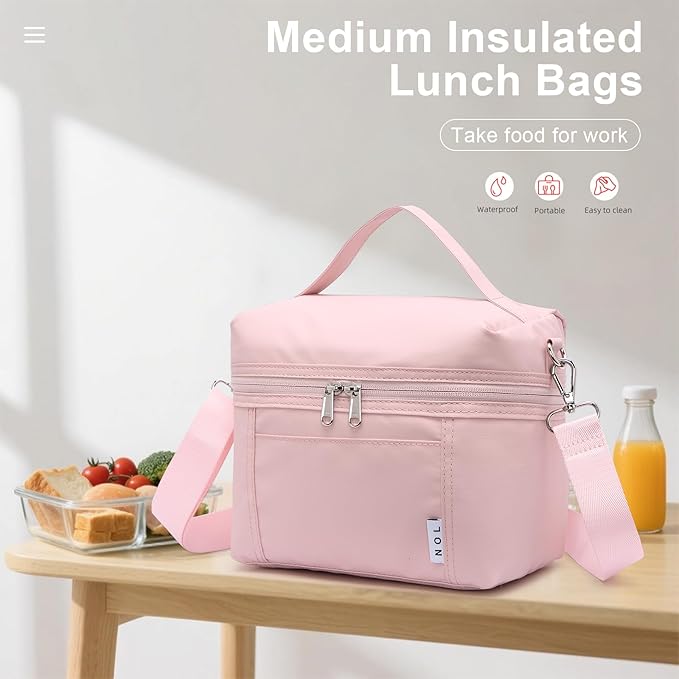 NOL Natural Organic Lifestyle Insulated Lunch Bags for Women Cooler Bag Lightweight Nylon Waterproof Lunch Box For Work (Medium, Pink)