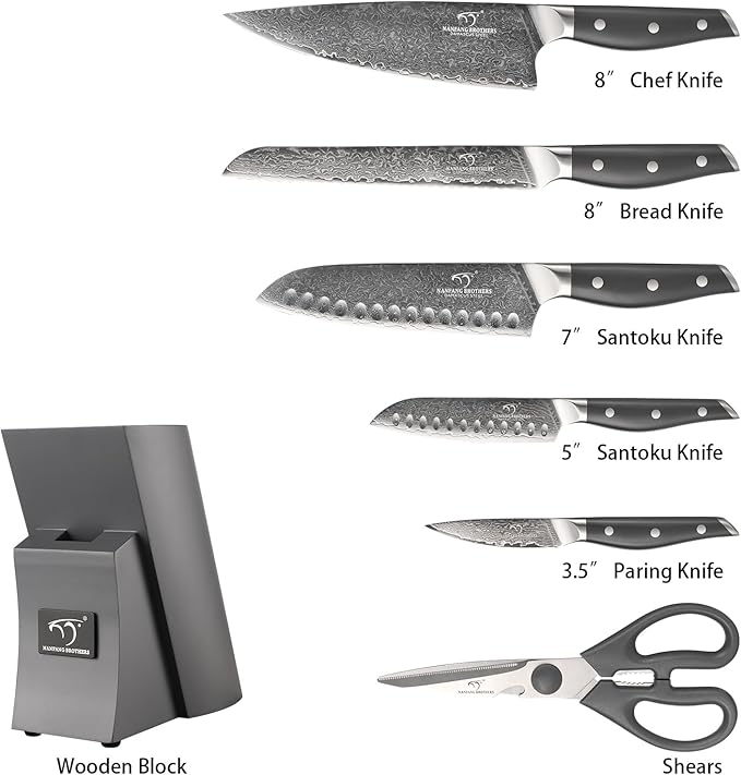 NF NANFANG BROTHERS Damascus Kitchen Knife Set, 7-Piece with Block, ABS Ergonomic Handle, Carving Fork, Disconnect-type Knife Block (Grey)