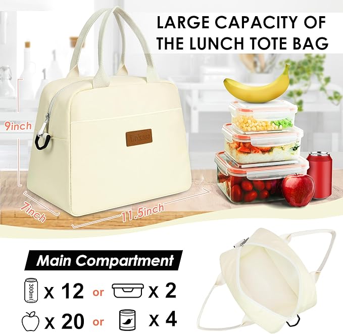 LOKASS Lunch Bag for Women-Insulated Adults Lunch Box with Front Pocket- Small Cute Lunch Tote for Work-Reusable Cooler Bag for Office Picnic Beach or Travel（Beige）
